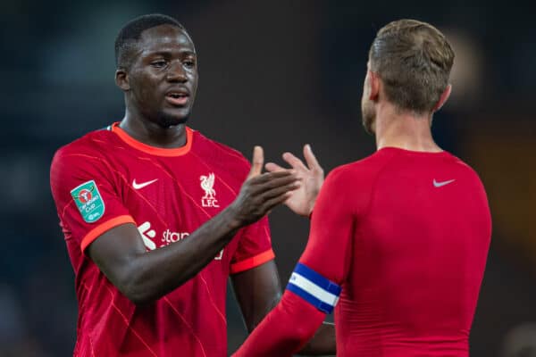 NORWICH, ENGLAND - Tuesday, September 21, 2021: Liverpool's Ibrahima Konaté with captain Jordan Henderson (R) after the Football League Cup 3rd Round match between Norwich City FC and Liverpool FC at Carrow Road. Liverpool won 3-0. (Pic by David Rawcliffe/Propaganda)