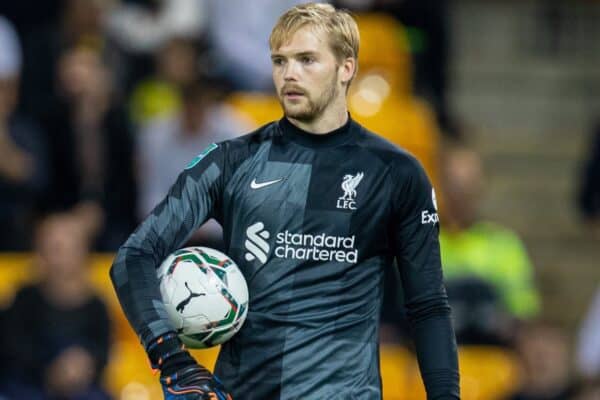 NORWICH, ENGLAND - Tuesday, September 21, 2021: Liverpool's goalkeeper Caoimhin Kelleher during the Football League Cup 3rd Round match between Norwich City FC and Liverpool FC at Carrow Road. (Pic by David Rawcliffe/Propaganda)