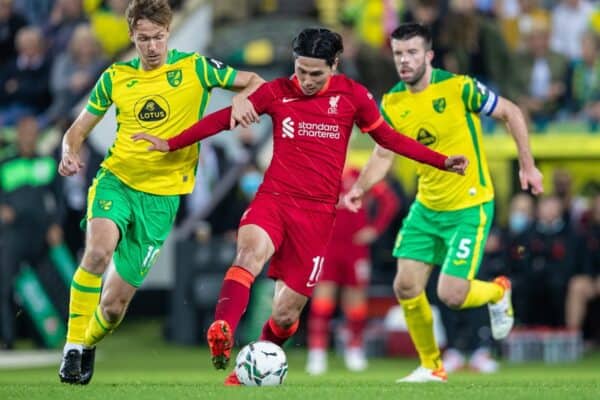 NORWICH, ENGLAND - Tuesday, September 21, 2021: Liverpool's Takumi Minamino during the Football League Cup 3rd Round match between Norwich City FC and Liverpool FC at Carrow Road. (Pic by David Rawcliffe/Propaganda)