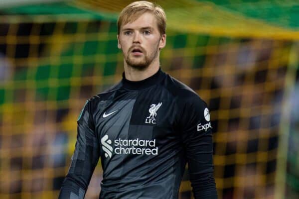 NORWICH, ENGLAND - Tuesday, September 21, 2021: Liverpool's goalkeeper Caoimhin Kelleher during the Football League Cup 3rd Round match between Norwich City FC and Liverpool FC at Carrow Road. (Pic by David Rawcliffe/Propaganda)