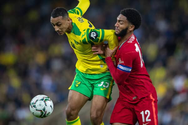 NORWICH, ENGLAND - Tuesday, September 21, 2021: Liverpool's captain Joe Gomez (R) and Norwich City's Adam Idah during the Football League Cup 3rd Round match between Norwich City FC and Liverpool FC at Carrow Road. (Pic by David Rawcliffe/Propaganda)