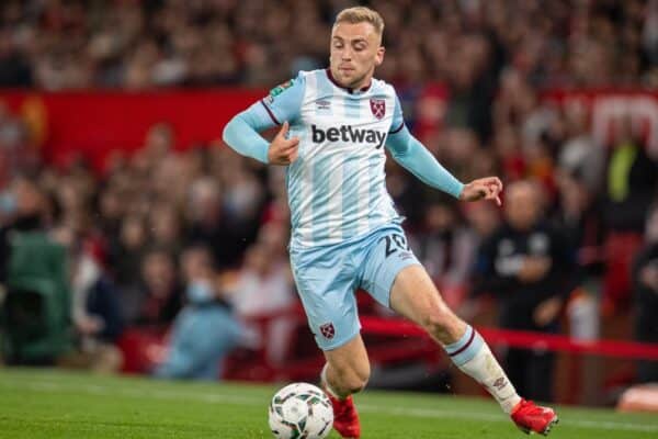 MANCHESTER, ENGLAND - Wednesday, September 22, 2021: West Ham United's Jarrod Bowen during the Football League Cup 3rd Round match between Manchester United FC and West Ham United FC at Old Trafford. (Pic by David Rawcliffe/Propaganda)