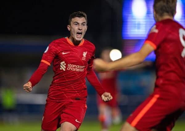 Liverpool's Mateusz Musialowski celebrates after scoring the second goal during the Premier League 2 Division 1 match between Chelsea FC Under-23's and Liverpool FC Under-23's at the Kingsmeadow Stadium. (Pic by David Rawcliffe/Propaganda)