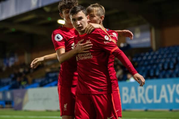 KINGSTON-UPON-THAMES, ENGLAND - Friday, September 24, 2021: Liverpool's Mateusz Musialowski celebrates after scoring the second goal during the Premier League 2 Division 1 match between Chelsea FC Under-23's and Liverpool FC Under-23's at the Kingsmeadow Stadium. (Pic by David Rawcliffe/Propaganda)