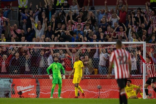 LONDON, ENGLAND - Saturday, September 25, 2021: Liverpool's goalkeeper Alisson Becker looks dejected as Brentford score a second goal during the FA Premier League match between Brentford FC and Liverpool FC at the Brentford Community Stadium. (Pic by David Rawcliffe/Propaganda)