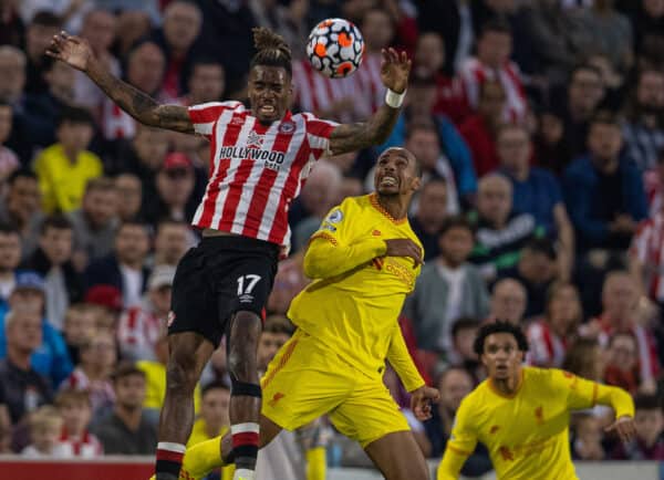 LONDON, ENGLAND - Saturday, September 25, 2021: Brentford's Ivan Toney (L) challenges for a header with Liverpool's Joel Matip during the FA Premier League match between Brentford FC and Liverpool FC at the Brentford Community Stadium. (Pic by David Rawcliffe/Propaganda)