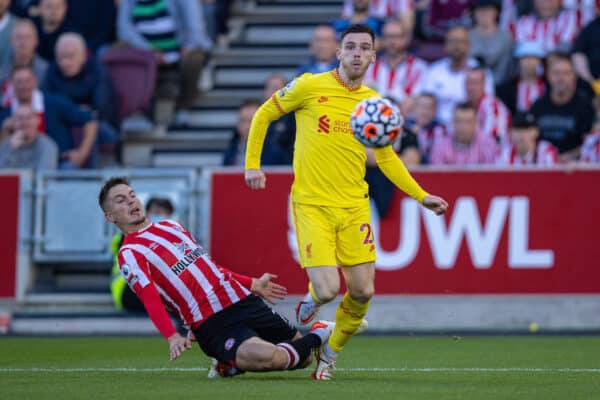 LONDON, ENGLAND - Saturday, September 25, 2021: Liverpool's Andy Robertson during the FA Premier League match between Brentford FC and Liverpool FC at the Brentford Community Stadium. (Pic by David Rawcliffe/Propaganda)