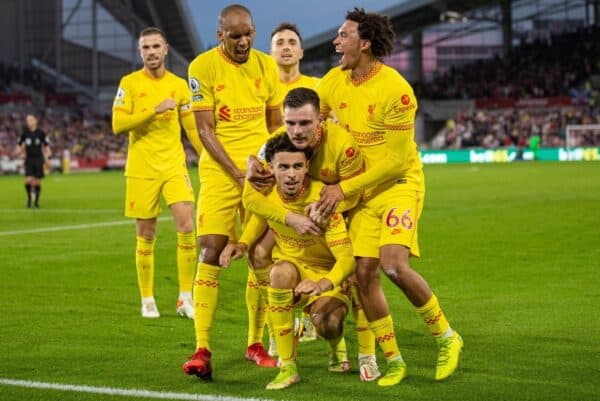 LONDON, ENGLAND - Saturday, September 25, 2021: Liverpool's Curtis Jones (C) celebrates with team-mates after scoring the third goal during the FA Premier League match between Brentford FC and Liverpool FC at the Brentford Community Stadium. (Pic by David Rawcliffe/Propaganda)