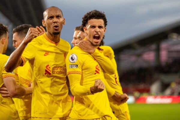 LONDON, ENGLAND - Saturday, September 25, 2021: Liverpool's Curtis Jones (R) celebrates with team-mate Fabio Henrique Tavares 'Fabinho' after scoring the third goal during the FA Premier League match between Brentford FC and Liverpool FC at the Brentford Community Stadium. (Pic by David Rawcliffe/Propaganda)