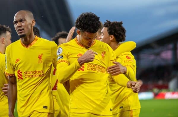 LONDON, ENGLAND - Saturday, September 25, 2021: Liverpool's Curtis Jones celebrates after scoring the third goal during the FA Premier League match between Brentford FC and Liverpool FC at the Brentford Community Stadium. (Pic by David Rawcliffe/Propaganda)