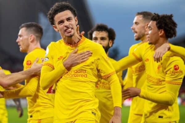 LONDON, ENGLAND - Saturday, September 25, 2021: Liverpool's Curtis Jones celebrates after scoring the third goal during the FA Premier League match between Brentford FC and Liverpool FC at the Brentford Community Stadium. (Pic by David Rawcliffe/Propaganda)