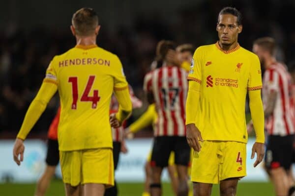 LONDON, ENGLAND - Saturday, September 25, 2021: Liverpool's Virgil van Dijk looks dejected after the FA Premier League match between Brentford FC and Liverpool FC at the Brentford Community Stadium. The game ended in a 3-3 draw. (Pic by David Rawcliffe/Propaganda)