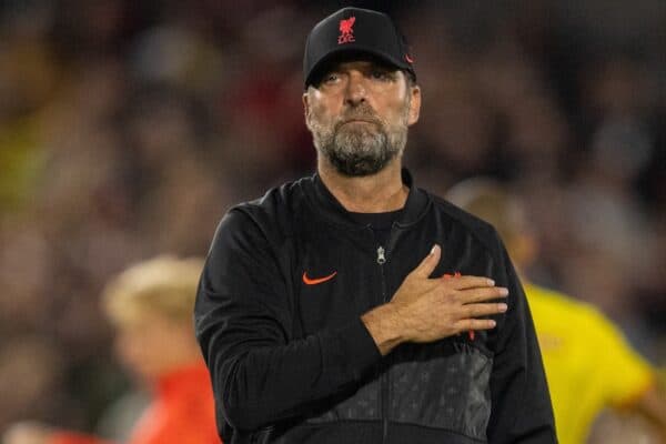 LONDON, ENGLAND - Saturday, September 25, 2021: Liverpool's manager Jürgen Klopp after the FA Premier League match between Brentford FC and Liverpool FC at the Brentford Community Stadium. The game ended in a 3-3 draw. (Pic by David Rawcliffe/Propaganda)
