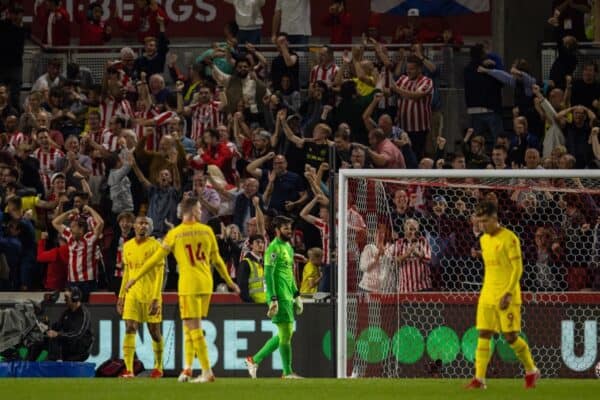 LONDON, ENGLAND - Saturday, September 25, 2021: Liverpool's goalkeeper Alisson Becker looks dejected as Brentford score an equalising goal to level the score 3-3 during the FA Premier League match between Brentford FC and Liverpool FC at the Brentford Community Stadium. (Pic by David Rawcliffe/Propaganda)