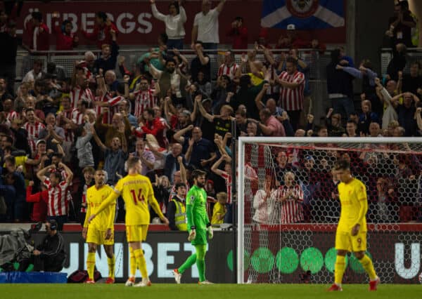 LONDON, ENGLAND - Saturday, September 25, 2021: Liverpool's goalkeeper Alisson Becker looks dejected as Brentford score an equalising goal to level the score 3-3 during the FA Premier League match between Brentford FC and Liverpool FC at the Brentford Community Stadium. (Pic by David Rawcliffe/Propaganda)