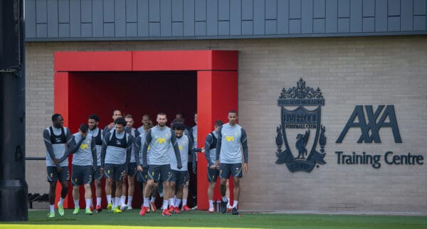 LIVERPOOL, ENGLAND - Monday, September 27, 2021: Liverpool players walk out before a training session at the AXA Training Centre ahead of the UEFA Champions League Group B Matchday 2 game between FC Porto and Liverpool FC. (Pic by David Rawcliffe/Propaganda)