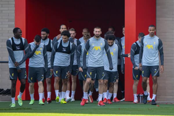 LIVERPOOL, ENGLAND - Monday, September 27, 2021: Liverpool players walk out before a training session at the AXA Training Centre ahead of the UEFA Champions League Group B Matchday 2 game between FC Porto and Liverpool FC. (Pic by David Rawcliffe/Propaganda)