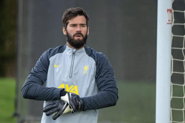 LIVERPOOL, ENGLAND - Monday, September 27, 2021: Liverpool's goalkeeper Alisson Becker during a training session at the AXA Training Centre ahead of the UEFA Champions League Group B Matchday 2 game between FC Porto and Liverpool FC. (Pic by David Rawcliffe/Propaganda)