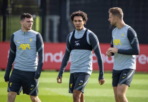 LIVERPOOL, ENGLAND - Monday, September 27, 2021: Liverpool's (L-R) Andy Robertson, Trent Alexander-Arnold and captain Jordan Henderson during a training session at the AXA Training Centre ahead of the UEFA Champions League Group B Matchday 2 game between FC Porto and Liverpool FC. (Pic by David Rawcliffe/Propaganda)