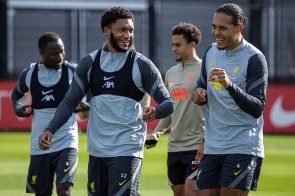 LIVERPOOL, ENGLAND - Monday, September 27, 2021: Liverpool's Joe Gomez (L) and Virgil van Dijk during a training session at the AXA Training Centre ahead of the UEFA Champions League Group B Matchday 2 game between FC Porto and Liverpool FC. (Pic by David Rawcliffe/Propaganda)