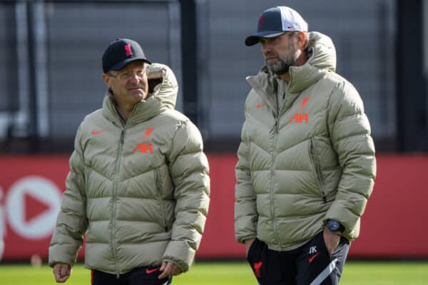 LIVERPOOL, ENGLAND - Monday, September 27, 2021: Liverpool's manager Jürgen Klopp (R) and Dr Andreas Schlumberger during a training session at the AXA Training Centre ahead of the UEFA Champions League Group B Matchday 2 game between FC Porto and Liverpool FC. (Pic by David Rawcliffe/Propaganda)