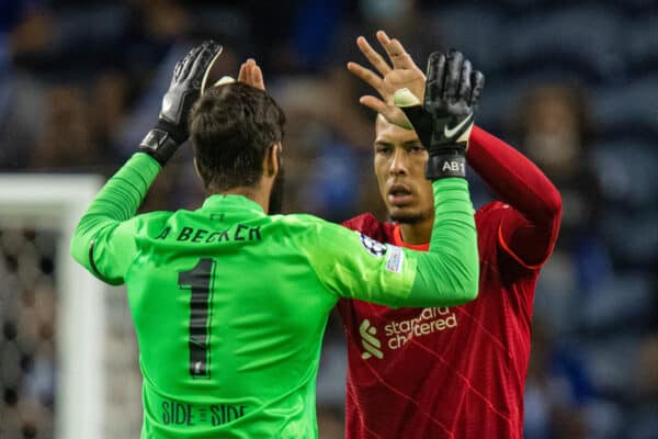 PORTO, PORTUGAL - Tuesday, September 28, 2021: Liverpool's Virgil van Dijk (R) and goalkeeper Alisson Becker before the UEFA Champions League Group B Matchday 2 game between FC Porto and Liverpool FC at the Estádio do Dragão. (Pic by David Rawcliffe/Propaganda)