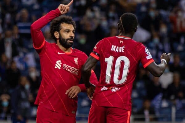 PORTO, PORTUGAL - Tuesday, September 28, 2021: Liverpool's Mohamed Salah celebrates after scoring the first goal during the UEFA Champions League Group B Matchday 2 game between FC Porto and Liverpool FC at the Estádio do Dragão. (Pic by David Rawcliffe/Propaganda)