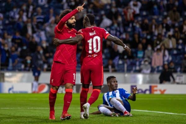 PORTO, PORTUGAL - Tuesday, September 28, 2021: Liverpool's Mohamed Salah celebrates after scoring the first goal during the UEFA Champions League Group B Matchday 2 game between FC Porto and Liverpool FC at the Estádio do Dragão. (Pic by David Rawcliffe/Propaganda)