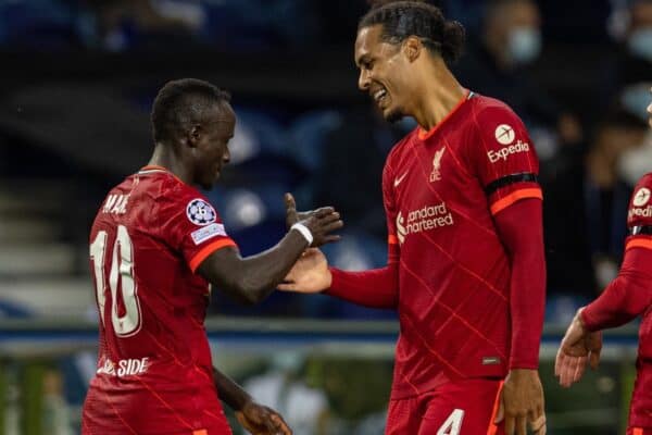 PORTO, PORTUGAL - Tuesday, September 28, 2021: Liverpool's Said Mané (L) celebrates with team-mate Virgil van Dijk (C) after scoring the second goal during the UEFA Champions League Group B Matchday 2 game between FC Porto and Liverpool FC at the Estádio do Dragão. (Pic by David Rawcliffe/Propaganda)