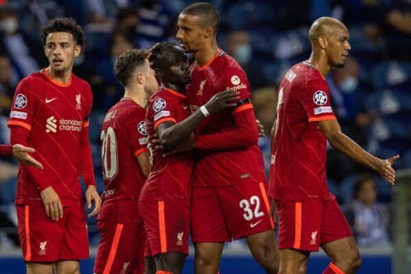 PORTO, PORTUGAL - Tuesday, September 28, 2021: Liverpool's Said Mané (C) celebrates with team-mate Joel Matip (R) after scoring the second goal during the UEFA Champions League Group B Matchday 2 game between FC Porto and Liverpool FC at the Estádio do Dragão. (Pic by David Rawcliffe/Propaganda)