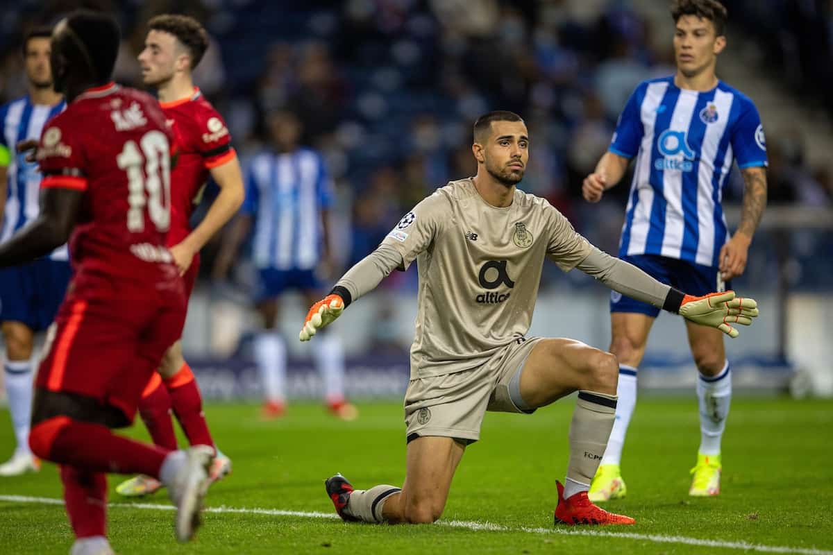 PORTO, PORTUGAL - Tuesday, September 28, 2021: FC Porto's goalkeeper Diogo Costa looks dejected as he concedes the second goal during the UEFA Champions League Group B Matchday 2 game between FC Porto and Liverpool FC at the Estádio do Dragão. (Pic by David Rawcliffe/Propaganda)