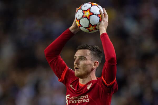 PORTO, PORTUGAL - Tuesday, September 28, 2021: Liverpool's Andy Robertson takes a throw-in during the UEFA Champions League Group B Matchday 2 game between FC Porto and Liverpool FC at the Estádio do Dragão. (Pic by David Rawcliffe/Propaganda)