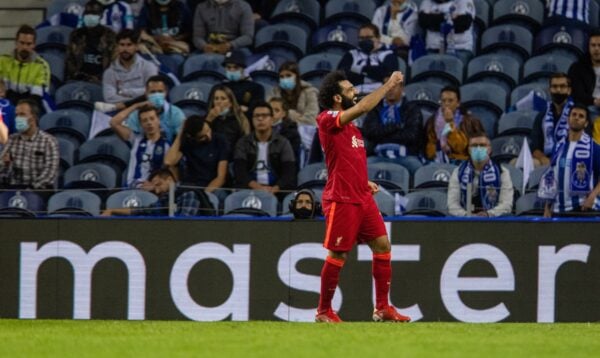 PORTO, PORTUGAL - Tuesday, September 28, 2021: The master... Liverpool's Mohamed Salah celebrates after scoring the third goal, his second of the game, during the UEFA Champions League Group B Matchday 2 game between FC Porto and Liverpool FC at the Estádio do Dragão. (Pic by David Rawcliffe/Propaganda)