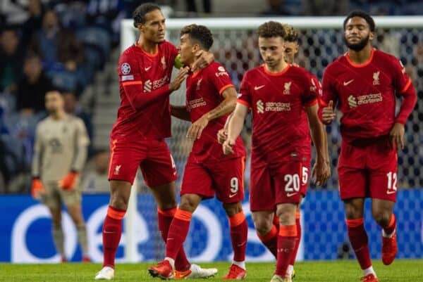 PORTO, PORTUGAL - Tuesday, September 28, 2021: Liverpool's Roberto Firmino (R) celebrates with team-mate Virgil van Dijk after scoring the fourth goal during the UEFA Champions League Group B Matchday 2 game between FC Porto and Liverpool FC at the Estádio do Dragão. (Pic by David Rawcliffe/Propaganda)