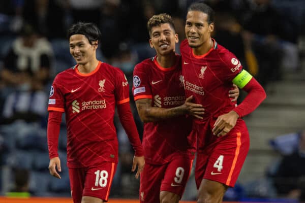 PORTO, PORTUGAL - Tuesday, September 28, 2021: Liverpool's Roberto Firmino (C) celebrates after scoring the fifth goal, his second of the game, with team-mates Takumi Minamino (L) and Virgil van Dijk (R) during the UEFA Champions League Group B Matchday 2 game between FC Porto and Liverpool FC at the Estádio do Dragão. (Pic by David Rawcliffe/Propaganda)