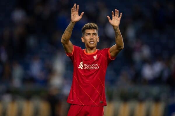 PORTO, PORTUGAL - Tuesday, September 28, 2021: Liverpool's two-goal hero Roberto Firmino celebrates after the UEFA Champions League Group B Matchday 2 game between FC Porto and Liverpool FC at the Estádio do Dragão. (Pic by David Rawcliffe/Propaganda)