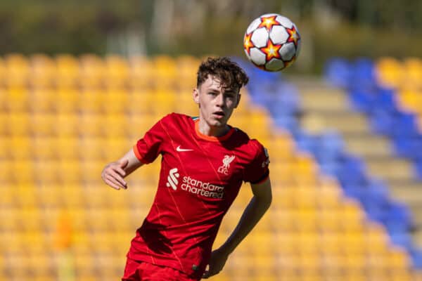 PORTO, PORTUGAL - Tuesday, September 28, 2021: Liverpool's Conor Bradley during the UEFA Youth League Group B Matchday 2 game between FC Porto Under-19's and Liverpool FC Under-19's at the Vila Nova de Gaia Stadium. (Pic by David Rawcliffe/Propaganda)