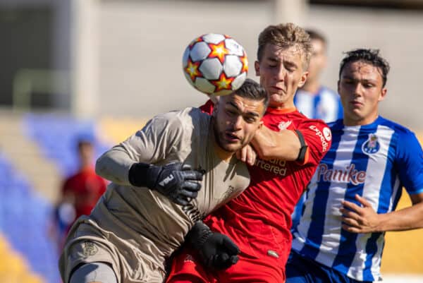 PORTO, PORTUGAL - Tuesday, September 28, 2021: FC Porto's goalkeeper Ivan Cardoso (L) and Liverpool's Max Woltman during the UEFA Youth League Group B Matchday 2 game between FC Porto Under-19's and Liverpool FC Under-19's at the Vila Nova de Gaia Stadium. (Pic by David Rawcliffe/Propaganda)