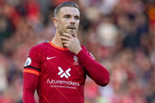 LIVERPOOL, ENGLAND - Sunday, October 3, 2021: Liverpool's captain Jordan Henderson during the FA Premier League match between Liverpool FC and Manchester City FC at Anfield. (Pic by David Rawcliffe/Propaganda)