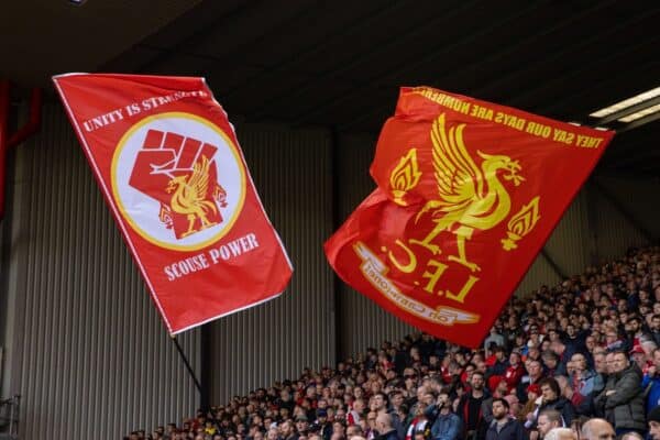 LIVERPOOL, ENGLAND - Sunday, October 3, 2021: Liverpool supporters' banner "Scouse Power" on the Spion Kop before the FA Premier League match between Liverpool FC and Manchester City FC at Anfield. (Pic by David Rawcliffe/Propaganda)