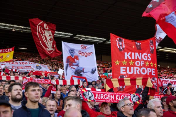 LIVERPOOL, ENGLAND - Sunday, October 3, 2021: Liverpool supporters on the Spion Kop sing "You'll Never Walk Alone" before the FA Premier League match between Liverpool FC and Manchester City FC at Anfield. (Pic by David Rawcliffe/Propaganda)