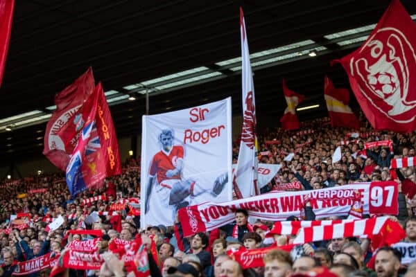 LIVERPOOL, ENGLAND - Sunday, October 3, 2021: Liverpool supporters' banner for Sir Roger Hunt on the Spion Kop before the FA Premier League match between Liverpool FC and Manchester City FC at Anfield. (Pic by David Rawcliffe/Propaganda)