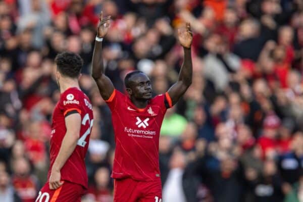 LIVERPOOL, ENGLAND - Sunday, October 3, 2021: Liverpool's Sadio Mané celebrates after scoring the first goal during the FA Premier League match between Liverpool FC and Manchester City FC at Anfield. (Pic by David Rawcliffe/Propaganda)