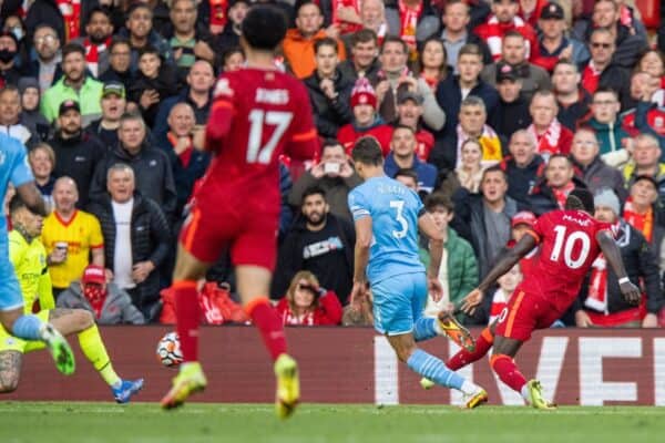 LIVERPOOL, ENGLAND - Sunday, October 3, 2021: Liverpool's Sadio Mané scores the first goal during the FA Premier League match between Liverpool FC and Manchester City FC at Anfield. (Pic by David Rawcliffe/Propaganda)