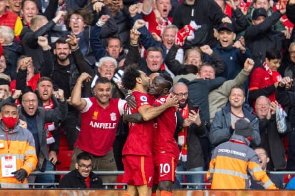 LIVERPOOL, ENGLAND - Sunday, October 3, 2021: Liverpool's Sadio Mané (R) celebrates with team-mate Mohamed Salah after scoring the first goal during the FA Premier League match between Liverpool FC and Manchester City FC at Anfield. (Pic by David Rawcliffe/Propaganda)