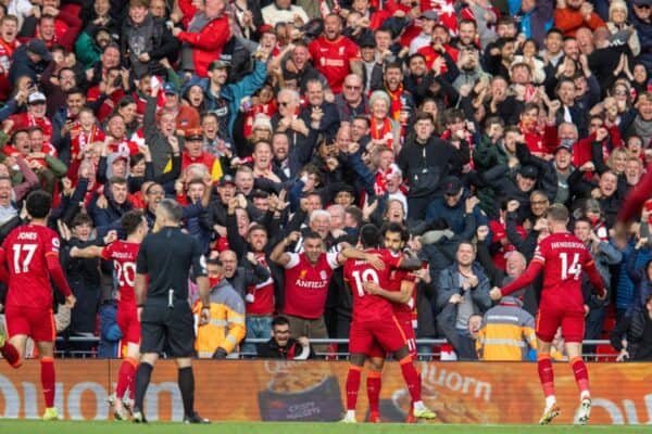 LIVERPOOL, ENGLAND - Sunday, October 3, 2021: Liverpool's Sadio Mané (L) celebrates with team-mate Mohamed Salah after scoring the first goal during the FA Premier League match between Liverpool FC and Manchester City FC at Anfield. (Pic by David Rawcliffe/Propaganda)