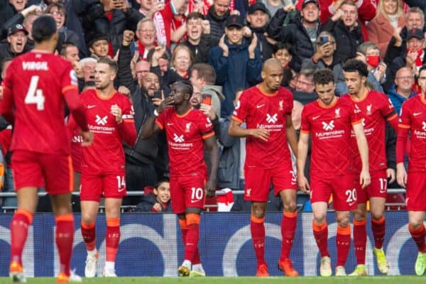 LIVERPOOL, ENGLAND - Sunday, October 3, 2021: Liverpool's Sadio Mané celebrates after scoring the first goal during the FA Premier League match between Liverpool FC and Manchester City FC at Anfield. (Pic by David Rawcliffe/Propaganda)