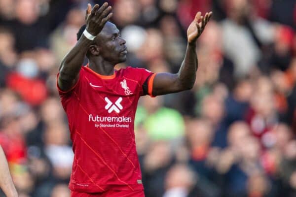 LIVERPOOL, ENGLAND - Sunday, October 3, 2021: Liverpool's Sadio Mané celebrates after scoring the first goal during the FA Premier League match between Liverpool FC and Manchester City FC at Anfield. (Pic by David Rawcliffe/Propaganda)