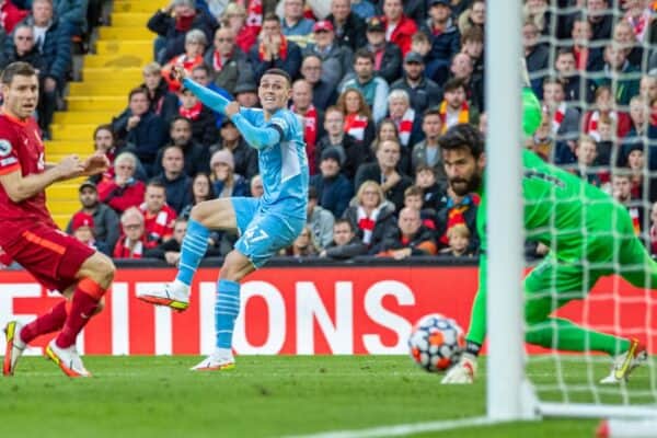 LIVERPOOL, ENGLAND - Sunday, October 3, 2021: Manchester City's Phil Foden scores the first equalising goal during the FA Premier League match between Liverpool FC and Manchester City FC at Anfield. (Pic by David Rawcliffe/Propaganda)