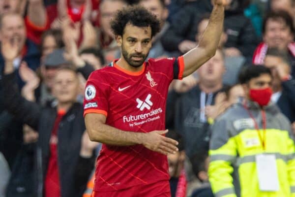 LIVERPOOL, ENGLAND - Sunday, October 3, 2021: Liverpool's Mohamed Salah celebrates after scoring the second goal during the FA Premier League match between Liverpool FC and Manchester City FC at Anfield. (Pic by David Rawcliffe/Propaganda)